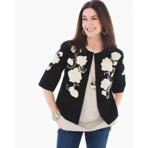 Chico's Floral Embroidered Beaded Jacket - Black 3/XL